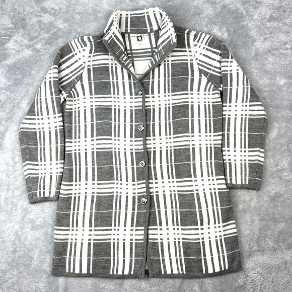 Anne Klein Women's Large Duster Button Cardigan Sweater Gray White Plaid Pockets - Picture 1 of 8